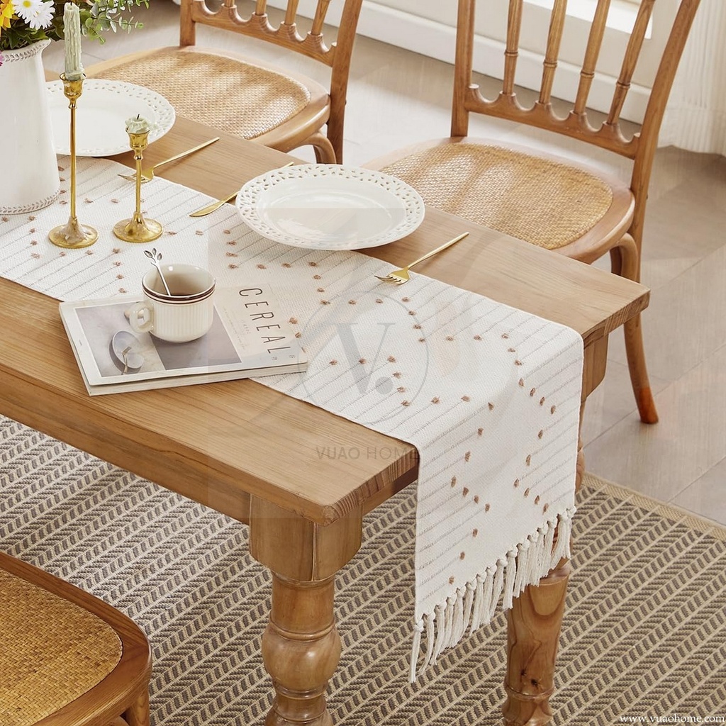 Vuao Camino de mesa bohemio, tejido de algodón natural, macramé, 35 x 182 cm