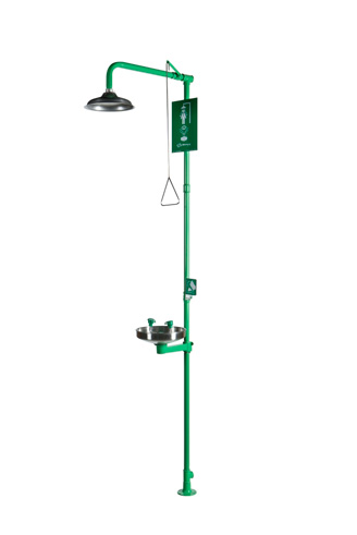 Haws CL-001 KIT INOX Equipamiento ducha y lavaojos con flor de la ducha (regadera) en acero inoxidable, y pileta en acero inoxidable.