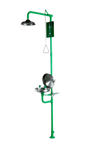 Haws CL-051 Ducha y lavaojos de emergencia en acero galvanizado, con accionamiento manual. Accesorios en acero inoxidable 304. Bacía con tapa de protección.