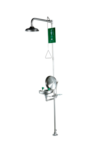 Haws CL-051i Ducha y lavaojos de emergéncia en acero inoxidable 304, con accionamiento manual. Accesórios en acero inoxidable 304. Bacía con tapa de protección.