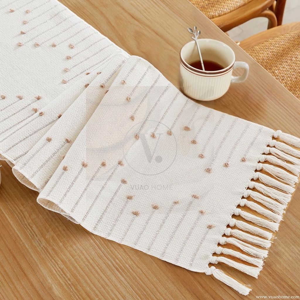 Vuao Camino de mesa bohemio, tejido de algodón natural, macramé