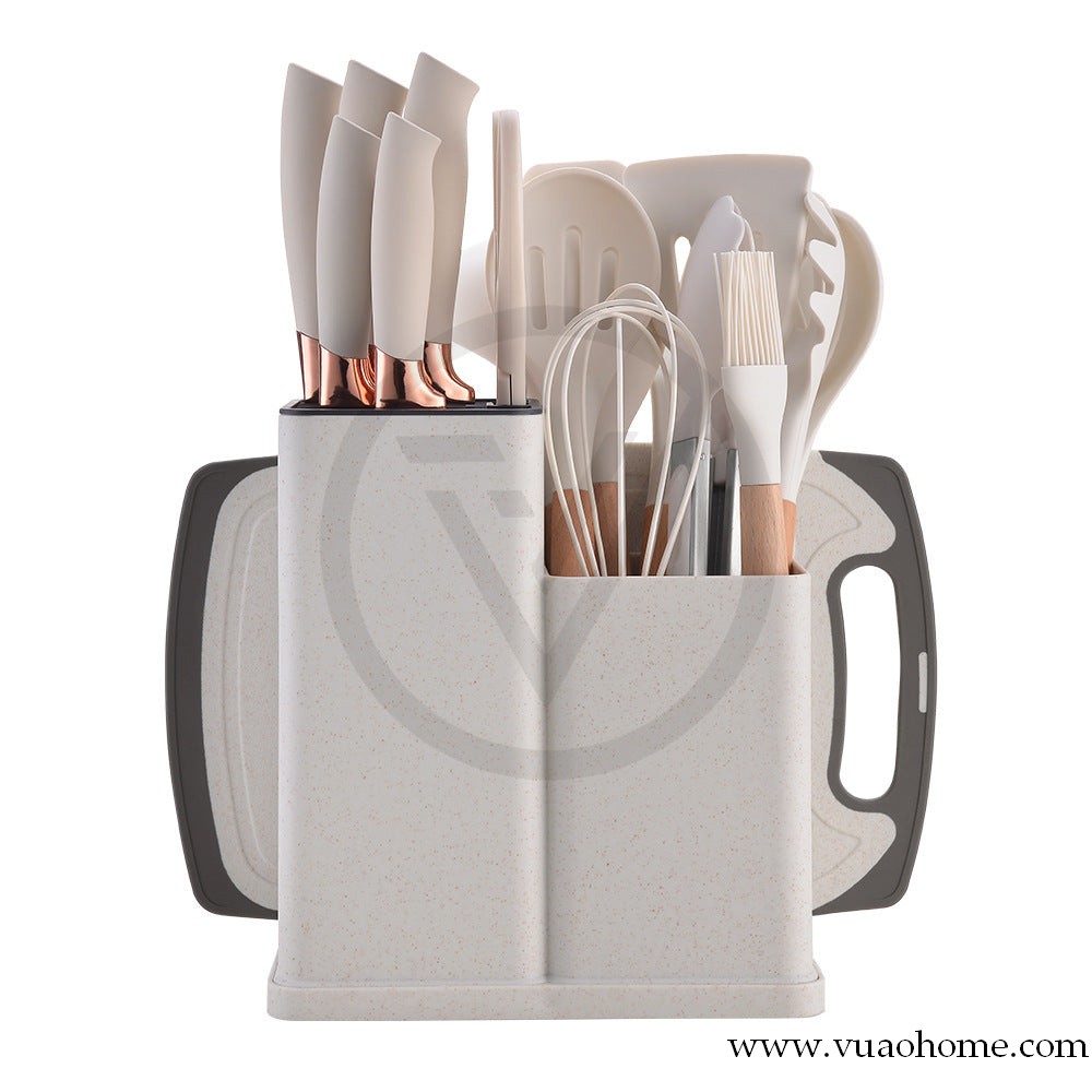 Juego de 19 utensilios de cocina de silicona, Juego de cucharas de cocina con mango de madera, herramientas para hornear (Blanco)